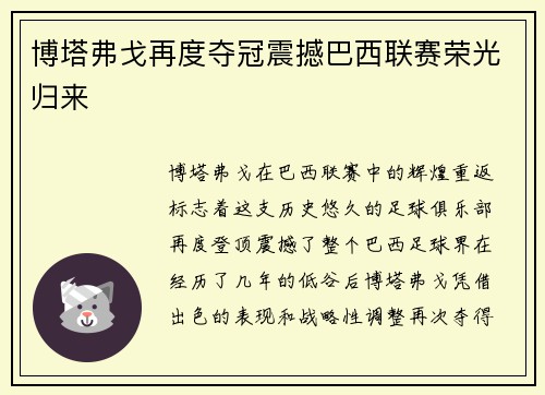博塔弗戈再度夺冠震撼巴西联赛荣光归来