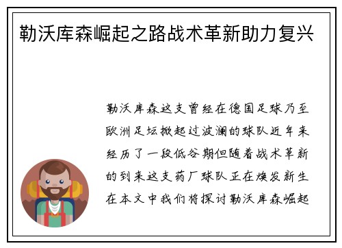勒沃库森崛起之路战术革新助力复兴
